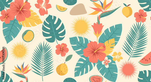 Canvastavla Vibrant, joyful illustration with watermelon, flower and sun