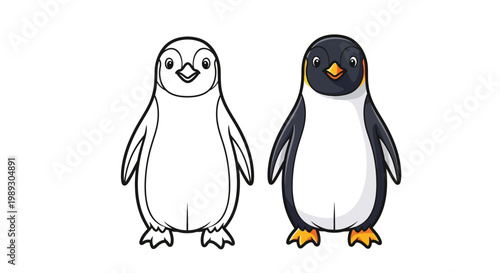 Cute happy penguin cartoon illustration vector showing line art and fully colored versions