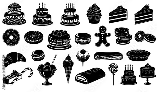 Vintage cake and dessert silhouette vector set black sweet bakery icons with cupcakes donuts pies and celebration cakes isolated on white