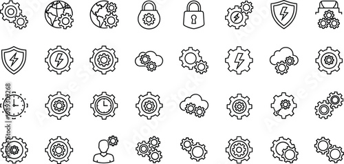 Security and Settings Gear Outline Icon Set with Shield, Lock, Cloud, Clock, and User Symbols for Technology and Cybersecurity Design