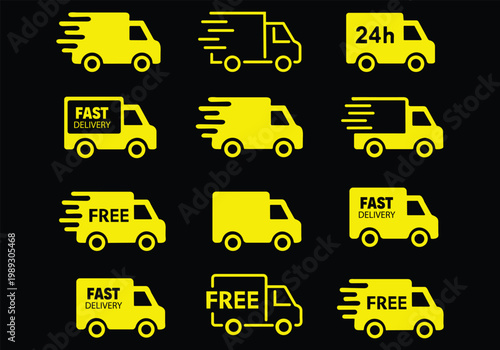 Fast delivery icon set. Free shipping, express delivery, 24 hours, fast van. Truck symbol on white background - stock vector.