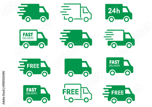 Fast delivery icon set. Free shipping, express delivery, 24 hours, fast van. Truck symbol on white background - stock vector.
