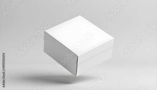 A clean white box suspended in the air against a soft gray background