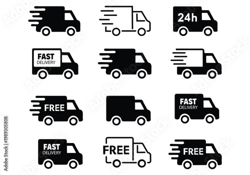 Fast delivery icon set. Free shipping, express delivery, 24 hours, fast van. Truck symbol on white background - stock vector.