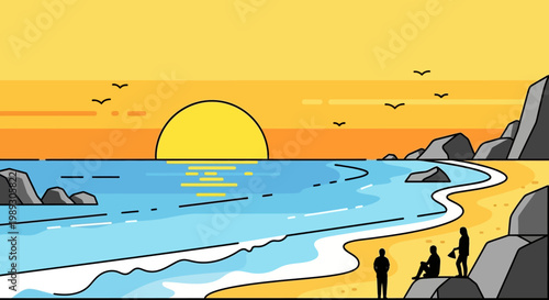 A serene beach scene with silhouetted figures watching a sunset