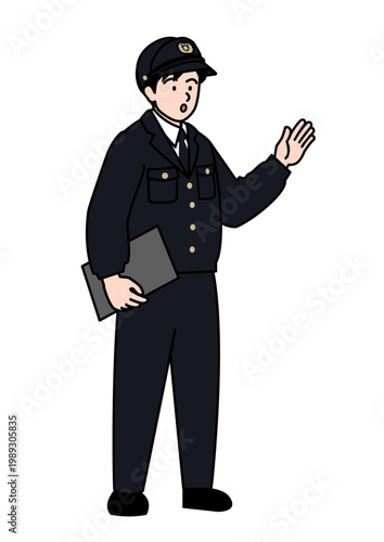 人に声を掛けている活動服の警察官の斜め向き全身ベクターイラスト