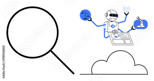 Data analysis, machine learning, automation, technology concepts, artificial intelligence, robotics. Magnifying glass and robot with multitasking abilities. Data analysis and machine learning