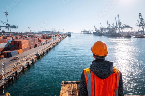 Port Worker Overseeing Busy Shipping Container Terminal Operations.