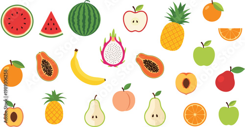 Colorful Fresh Fruits Vector Icon Set including Watermelon, Pineapple, Banana, Dragon Fruit, Papaya and Apple for Food Designs