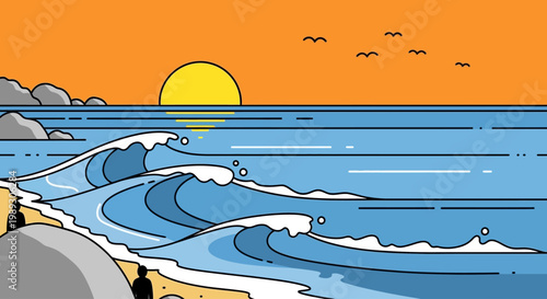 Minimalist illustration of a sunset over the ocean with silhouetted figures