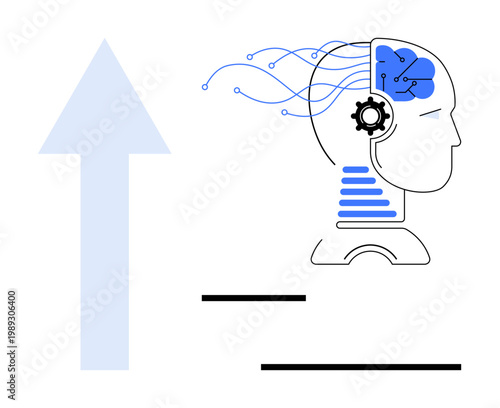Artificial intelligence, technological innovation, data processing, human-machine interaction, future concepts, progress. Image of a human head with circuitry brain and gear, and an upward arrow. AI