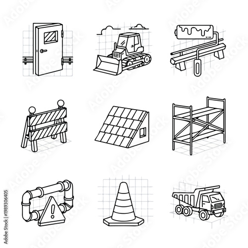 A set of nine hand-drawn vector icons illustrating construction site elements, heavy machinery, and safety tools in a black and white line art style.