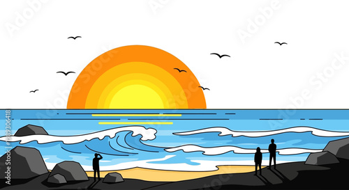 Silhouetted figures watch a vibrant sunset over the calm ocean