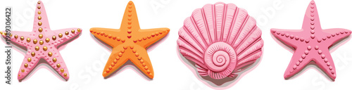 Colorful Starfish and Seashell Vector Collection in Cute Cartoon Style Featuring Pink and Orange Marine Elements for Summer Design, Beach Graphics, Stickers, and Ocean Themed Illustrations