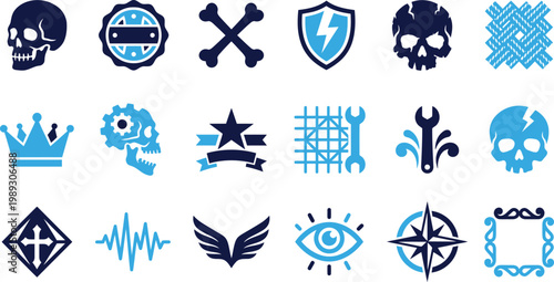 Collection of emblem and symbol icons for design with skulls shields and gears.