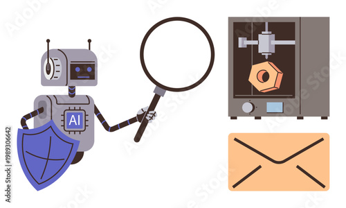 Artificial intelligence, data security, 3D printing analysis, email processing, automation, technology innovation. Robot with AI logo holding magnifying glass near a 3D printer and email icon. Data