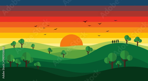 A vibrant landscape illustration featuring a sunset and silhouetted trees