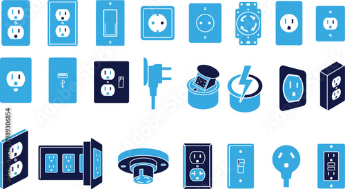 Set of electrical outlet and plug icons with different styles and colors.