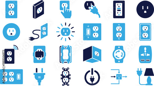 Modern electrical icons showing plugs, outlets, switches, and smart home devices.