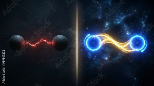 Futuristic split-screen 3D representation of energy and matter connection