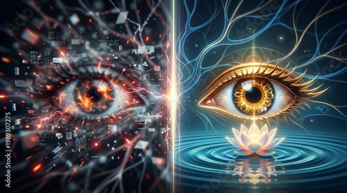 Split screen showing digital chaos and serene natural awakening