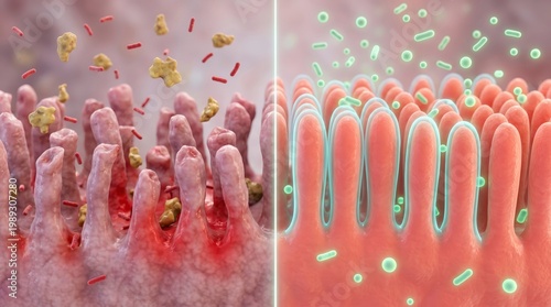 Healthy versus inflamed intestinal villi with beneficial and harmful microbes