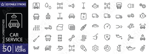 Car service icons set. Includes symbols of auto repair, maintenance, mechanic tools, oil change, tire service, and vehicle diagnostics. Editable stroke. Vector illustration. Outline icons.
