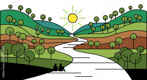 A simple illustration of a river landscape with people enjoying nature