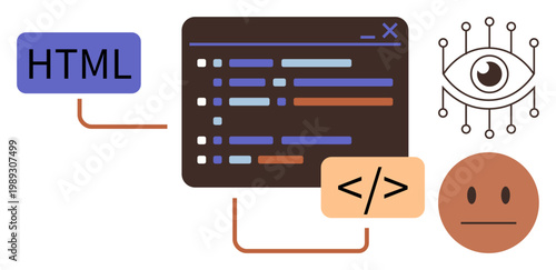 Web development, coding, front-end design, programming, artificial intelligence, computer vision. Code editor with HTML tag and digital eye. Web development and coding concept