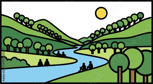A serene landscape depicts people relaxing by a winding river