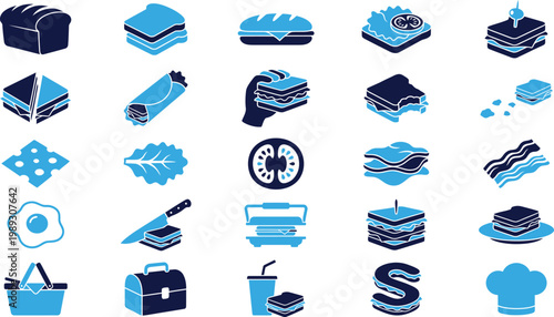 Sandwich and food icons, bread, ingredients, and meal preparation elements.