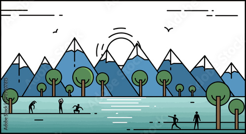 Stylized landscape with mountains trees and figures running towards a sun