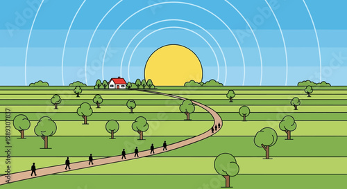 A winding path leads toward a bright golden sun over a green landscape