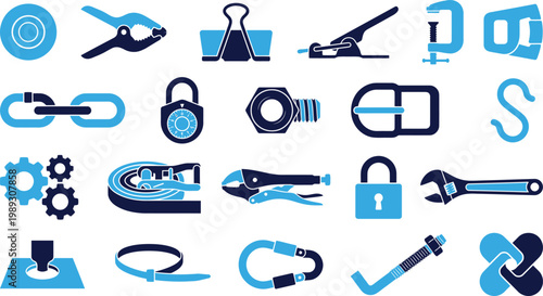 Assortment of blue office and hardware tool icons for business and crafts.