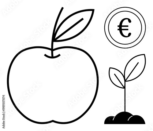 Agriculture, economy, growth, sustainability, investment, nature. Outline of an apple, sapling and euro coin. Agriculture and economic growth concepts through simple graphic elements