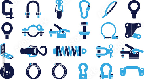 Set of industrial hardware icons for engineering and fastening applications.