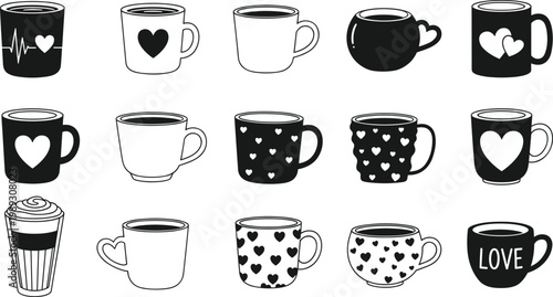 Coffee cup icon set with heart designs, romantic mug collection in black silhouette style for love themed vector illustration