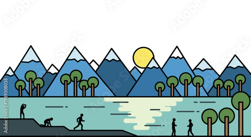 Stylized illustration of people running through a mountainous landscape