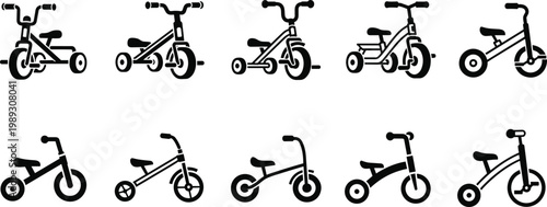 Collection of kids tricycle icons in flat style, minimalist black silhouettes of toddler bikes isolated for vector illustration set design