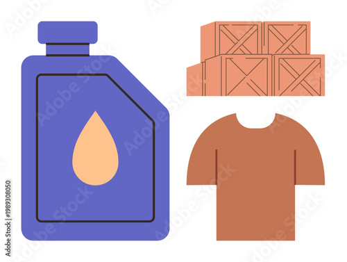 Logistics, manufacturing, inventory, e-commerce, retail, transportation. Motor oil bottle, stacked crates and a t-shirt. Logistics and manufacturing concept products and supply chain