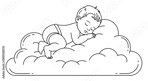A sleeping baby rests peacefully on a fluffy cloud in a simple line drawing