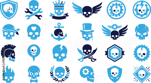 Skull icons and symbols in various styles and themes.