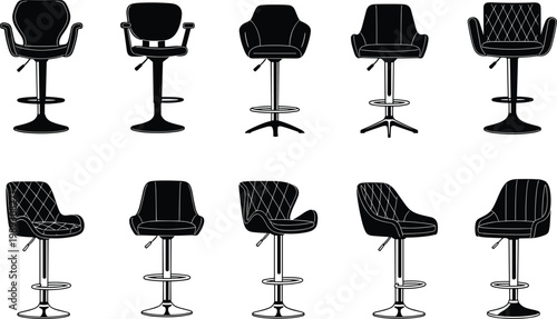 Modern bar stool silhouettes collection, stylish chair icons set, minimal furniture illustration, contemporary seating design elements for interior branding use