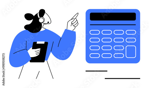 Customer service, financial management, accounting tools, tech assistance, corporate training, remote work. Woman wearing a headset pointing to a calculator. Customer service and financial management