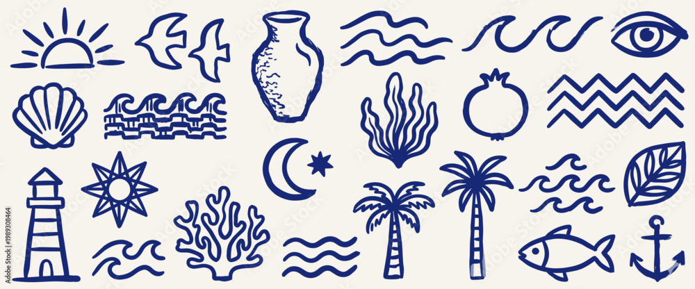 Fototapeta premium Mediterranean Nautical Hand Drawn Vector Elements - Blue Naive Art Sea Icons for Scrapbooking and Journals
