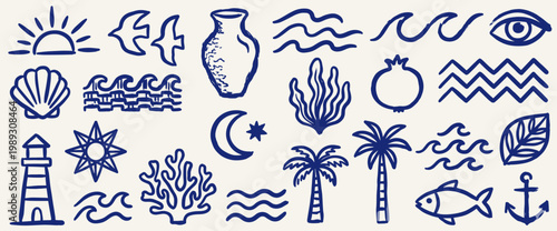 Mediterranean Nautical Hand Drawn Vector Elements - Blue Naive Art Sea Icons for Scrapbooking and Journals