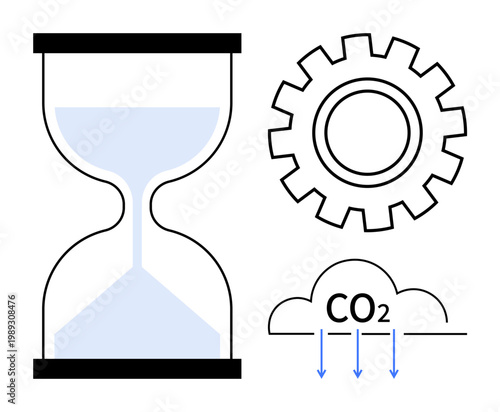 Climate change, carbon capture, sustainability, industrial processes, environmental impact, resource management. Hourglass, gear and CO2 cloud outline. Climate change and carbon capture concepts