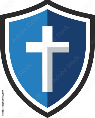Christianity symbol of a white cross on a blue shield, emblem of faith and protection for believers