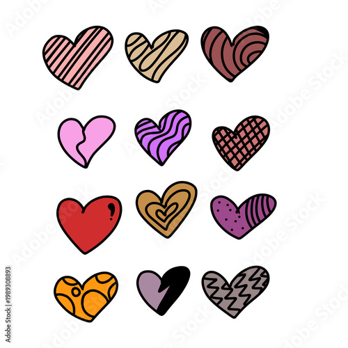 full colour Hand Drawn Love Icon Set Doodle Heart Symbols Collection