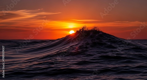 Ocean wave, sunset, vibrant orange sky, sea landscape, natural beauty